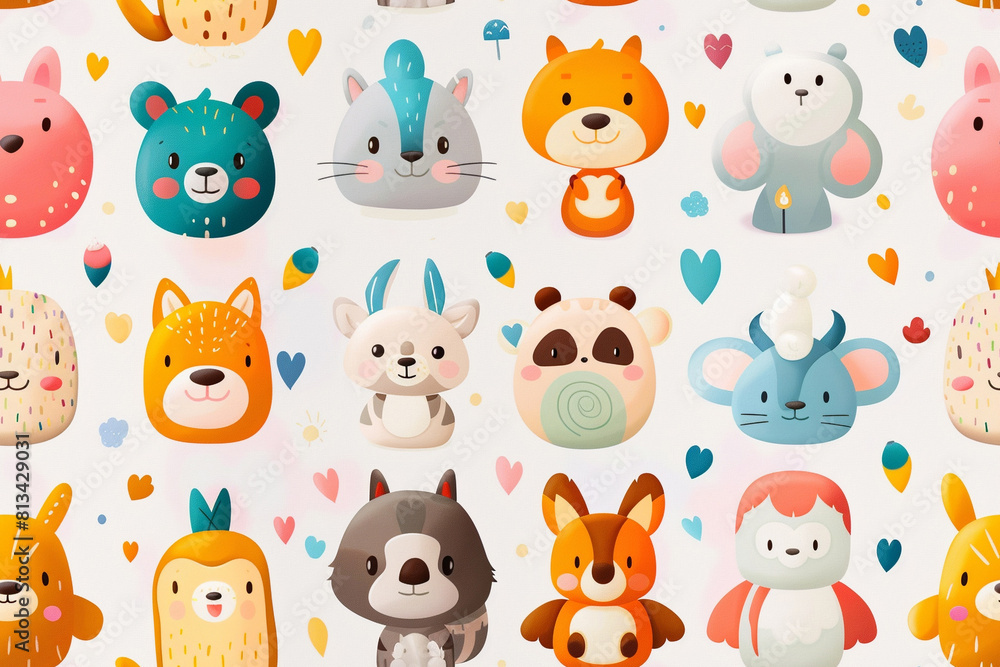 Set of funny animals. Cute animals in a cartoon style. Seamless pattern. Set of funny animals. Cute animals in a cartoon style. Seamless pattern.