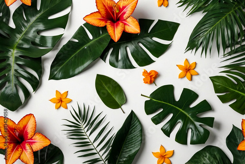 Composition with fresh tropical leaves  exotic flowers on white isolated background  flatlay. Summer concept with flower pattern. Mock-up  wallpaper. Copy ad text space. Generative Ai illustration