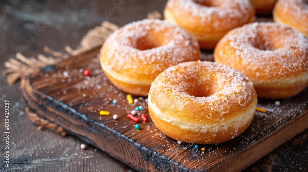 Delectable Sugared Donuts on Wooden Board with Sprinkles. National Donut (Doughnut) day Delectable Sugared Donuts on Wooden Board with Sprinkles. National Donut (Doughnut) day