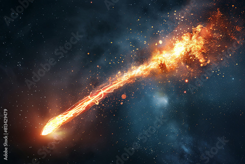 A brilliant flaming meteor with glowing molten tail streaking across the night sky, isolated on a transparent background for easy onto astronomy photography 