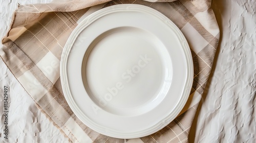 Top view of an empty round white plate with a colored background set on a tablecloth for food. Plate empty onto napkin, leaving room for your artwork.