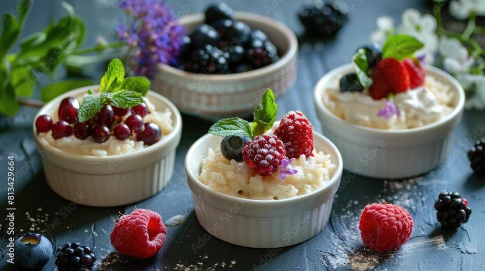 Rice pudding with fresh berries and flowers in a ceramic bowl. Healthy breakfast Rice pudding with fresh berries and flowers in a ceramic bowl. Healthy breakfast