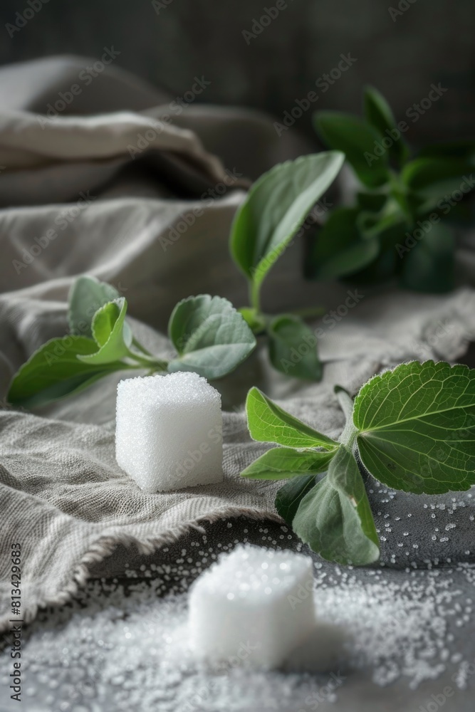 Sugar cubes and fresh herbs on textured fabric. Close-up composition with copy space. Sugar cubes and fresh herbs on textured fabric. Close-up composition with copy space.