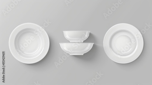Realistic vector mockups of white plates  dishes  and food bowls for tableware. Clean and empty square and circular dinner plates made of ceramic or porcelain   kitchenware for restaurants and homes