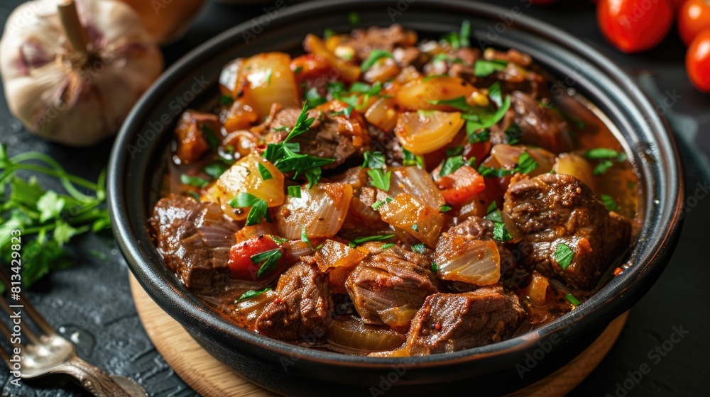 Beef stew with tomatoes and onions in traditional clay pot.