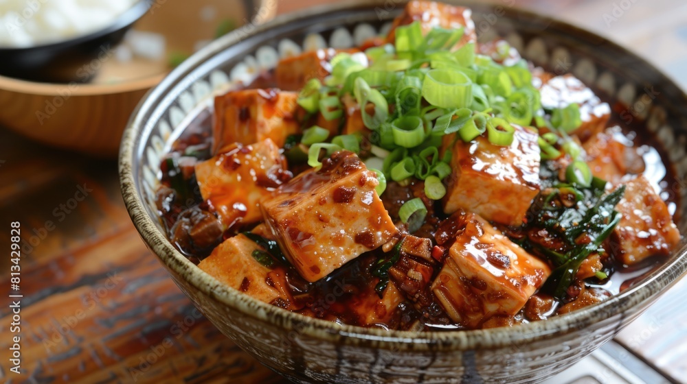 Mapo tofu in spicy sauce garnished with green onions and chili. Mapo tofu in spicy sauce garnished with green onions and chili.