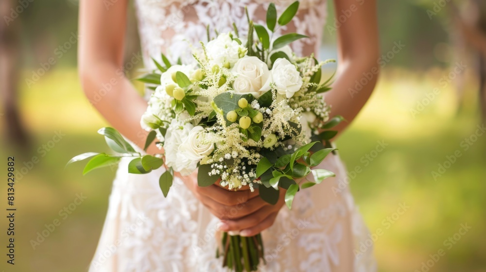 Bride holding a wedding bouquet of white roses and green leaves. Bride holding a wedding bouquet of white roses and green leaves.