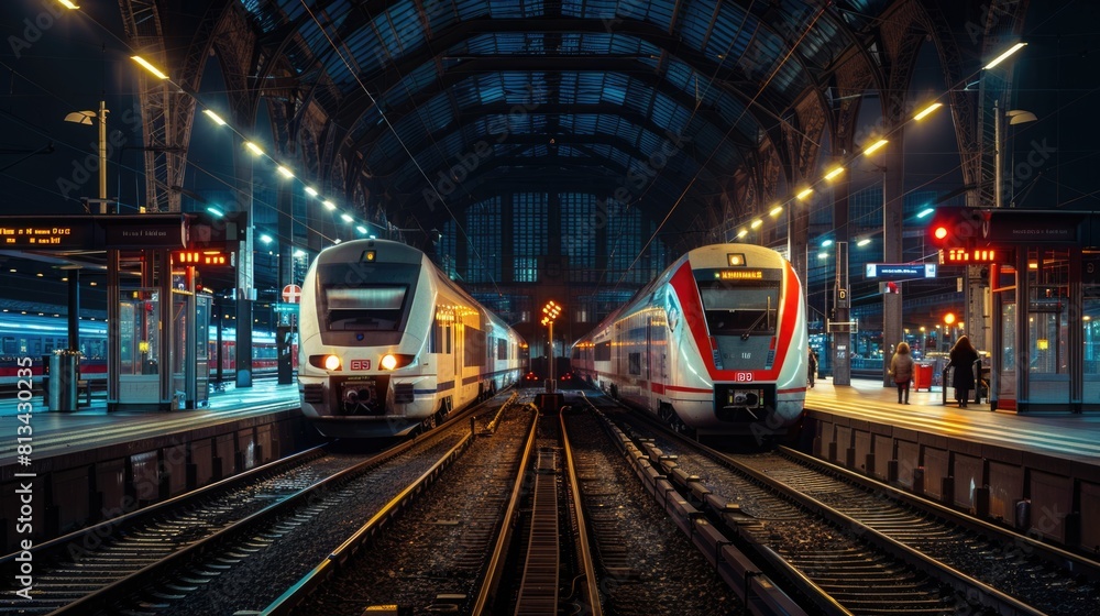 Two modern trains at a station during night time. Long exposure photography. Two modern trains at a station during night time. Long exposure photography.
