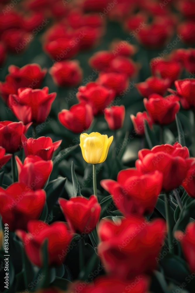 Fototapeta premium Single yellow tulip standing out in a field of red tulips.