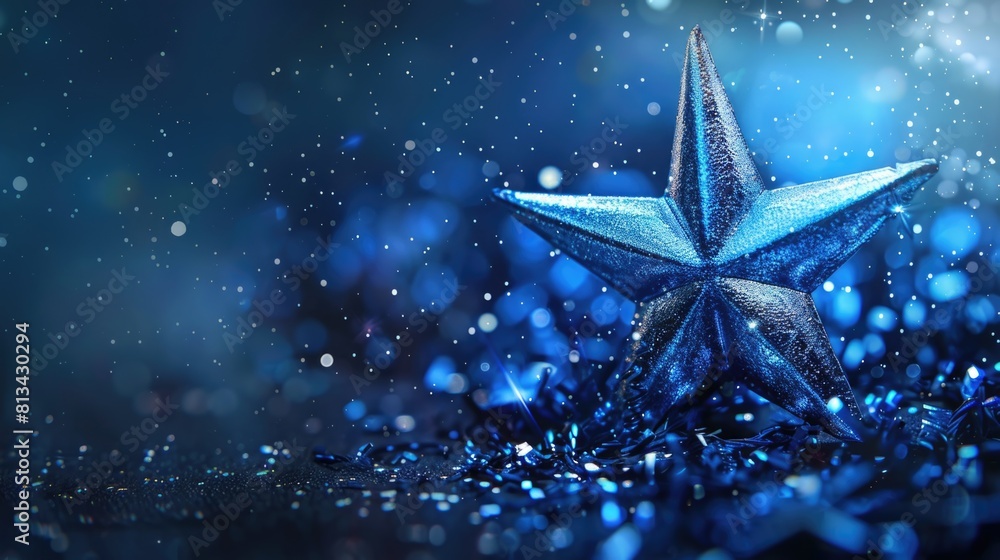 Gold stars hanging on strings against a blue bokeh background. Gold stars hanging on strings against a blue bokeh background.