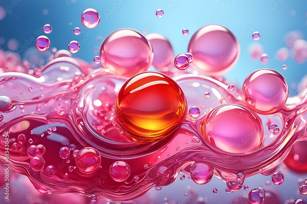 red pink abstract oil bubbles or face serum background. pink Oil and water bubbles molecule ,pink Bubbles oil or collagen serum for cosmetic product, banner poster red pink abstract oil bubbles or face serum background. pink Oil and water bubbles molecule ,pink Bubbles oil or collagen serum for cosmetic product, banner poster