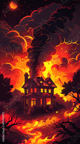 house in fire with comic concept