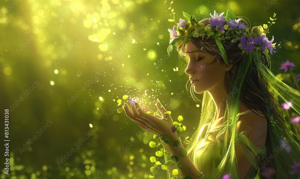 Mother nature day green Elf in magic elven forest with sunlight from above Mother nature day green Elf in magic elven forest with sunlight from above