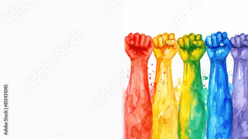 Rainbow watercolor of many raise woman fist for pride homophobia human rights photo