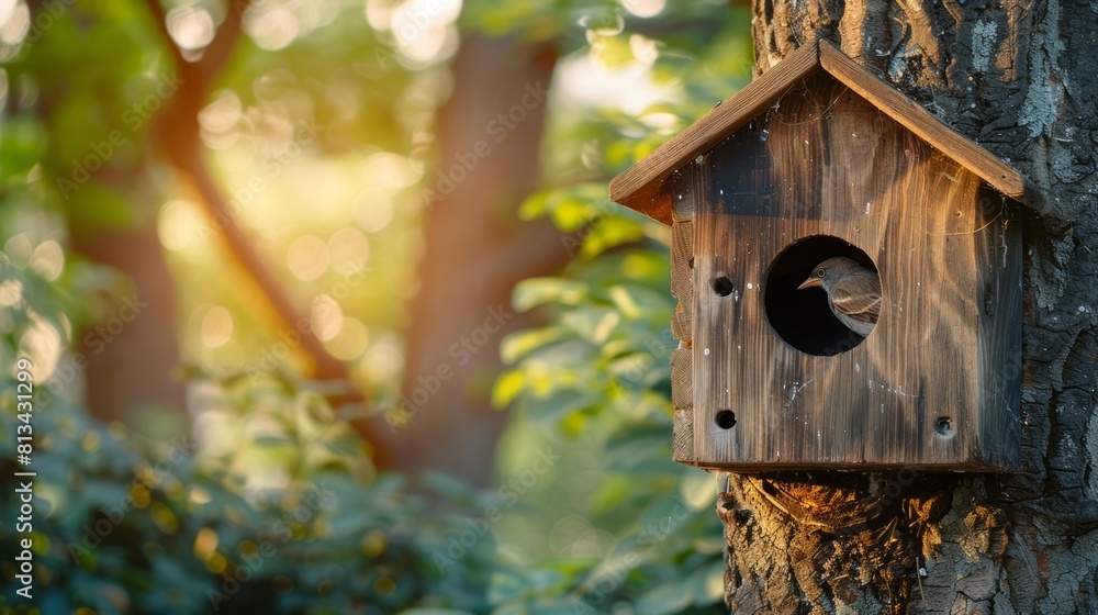 A birdhouse is on the side of a tree. A birdhouse is on the side of a tree.