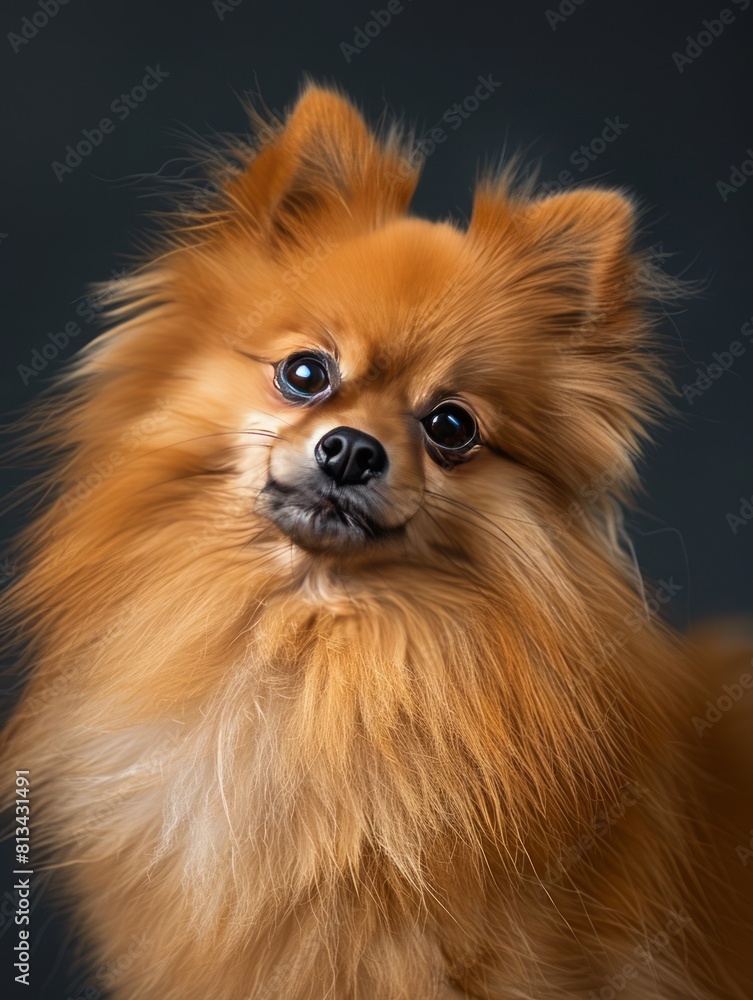 A small pomeranian dog is looking at the camera. A small pomeranian dog is looking at the camera.