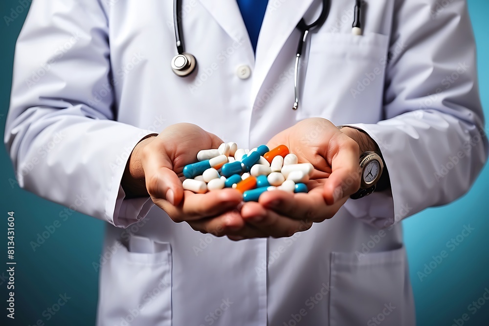 A doctor holding a bunch of pills in his hands A doctor holding a bunch of pills in his hands