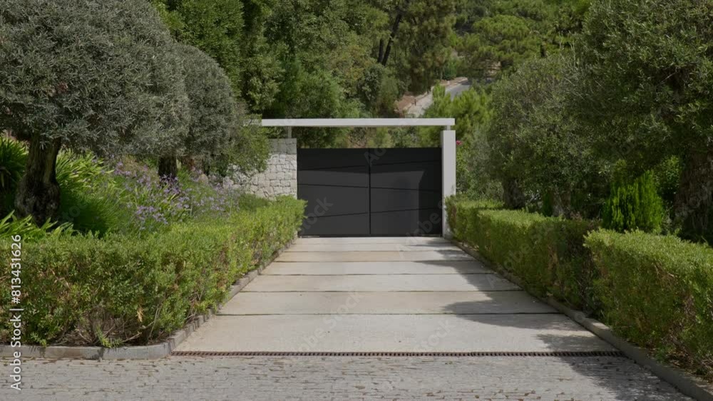 Modern home entrance with automatic gate in suburbia, daytime Modern home entrance with automatic gate in suburbia, daytime