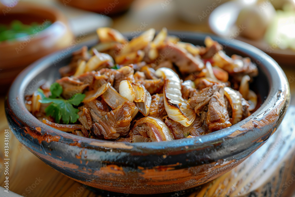 A ceramic bowl filled with a delicious mixture of cooked meat and chopped onions to create a mouth-watering dish A ceramic bowl filled with a delicious mixture of cooked meat and chopped onions to create a mouth-watering dish