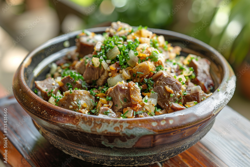 A ceramic bowl filled with a delicious mixture of cooked meat and chopped onions to create a mouth-watering dish A ceramic bowl filled with a delicious mixture of cooked meat and chopped onions to create a mouth-watering dish