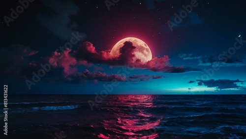 moon dark lilac night dramatic sky on sunset nebula pink sea water reflection sunlight evening summer seascape landscape
