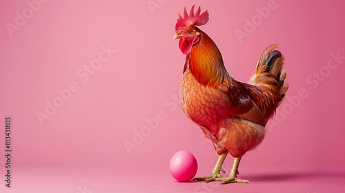 A rooster standing next to a pink egg. photo