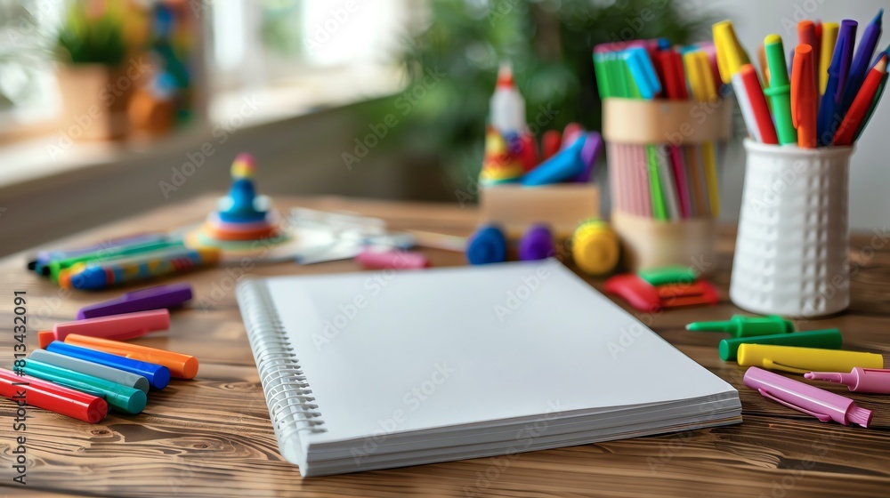 Blank coloring book mockup on a child s craft table, surrounded by markers and stickers, ideal for an arts-and-crafts room. Blank coloring book mockup on a child s craft table, surrounded by markers and stickers, ideal for an arts-and-crafts room.