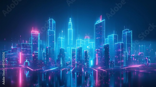 3d rendering  glowing  neon cityscape  side view  cyberpunk city  technology tone  Monochromatic Color Scheme