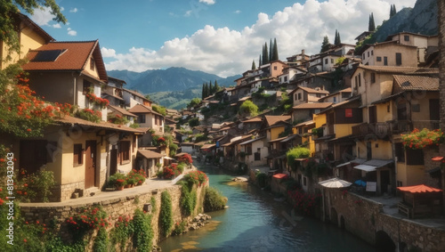 small village with a river running through it photo