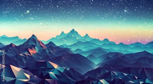Stylized low poly mountains under a geometric starry sky, perfect for adventurous themes,
