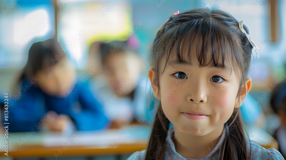 教室で微笑む日本の女子小学生 教室で微笑む日本の女子小学生