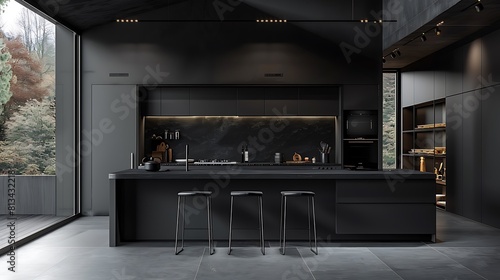 Chic kitchen interior with matte black accents and sleek finishes, creating a modern and sophisticated space for culinary creativity. photo