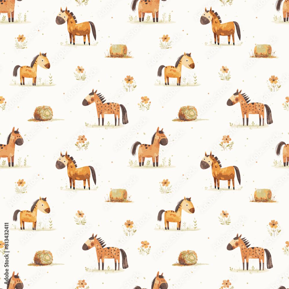Fototapeta premium Seamless vector pattern, cute watercolor horses in a flower meadow