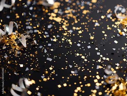 New Year s Eve party invitation card mockup on a shiny black background, with gold and silver confetti, ideal for glamorous celebrations.