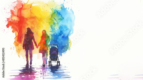 Rainbow watercolor paint of a couple women pushing strollers, pride nursery