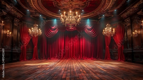 Luxurious Ballroom Stage with Burgundy Curtains and Crystal Chandeliers