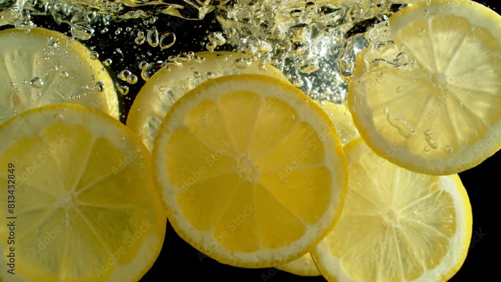 Super Slow Motion Shot of Fresh Lemon Slices Falling and Flowing in Water on Black at 1000 fps. Super Slow Motion Shot of Fresh Lemon Slices Falling and Flowing in Water on Black at 1000 fps.