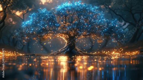 Celestial Oasis  Majestic Tree Awash in Blue Light