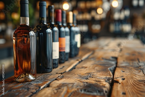 At a wine tasting bar, rows of vintage bottles stand on wooden shelves.
