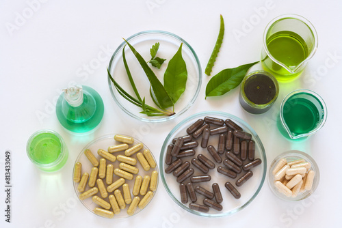 Development of new types of dietary supplements with extracts from medicinal herbs. Top view of  laboratory table with chemical glassware, capsules of bio additives in Petri dishes. Flat lay, close-up