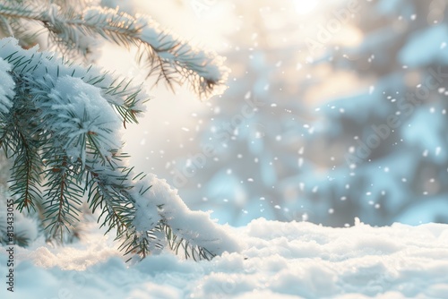Christmas. New Year. Festive background. Falling snowflakes. Winter holidays. Fir, pine branch covered with snow. Season. Celebration. Copy space