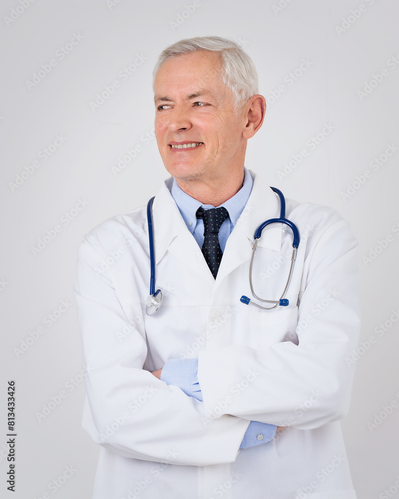 Elderly male doctor standing against isolated background Elderly male doctor standing against isolated background