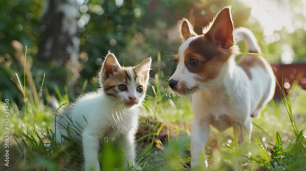 A cute couple of furry friends little cat and a mischievous little dog, are playing together in the garden on a beautiful sunny day, Friendship of pet concept A cute couple of furry friends little cat and a mischievous little dog, are playing together in the garden on a beautiful sunny day, Friendship of pet concept