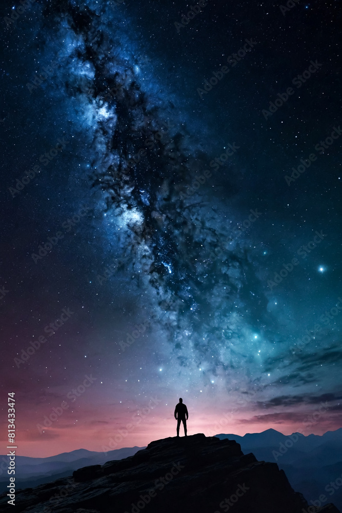 Silhouette of human standing on high rock at night sky with stars rise, nebula background. Perfect picture of night scenery. Fairy tale cosmic concept. Copy ad text space. Generative Ai illustration