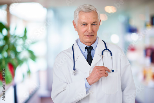Portrait of an elderly male doctor standing in medical center