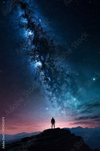 Silhouette of human standing on high rock at night sky with stars rise, nebula background. Perfect picture of night scenery. Fairy tale cosmic concept. Copy ad text space. Generative Ai illustration