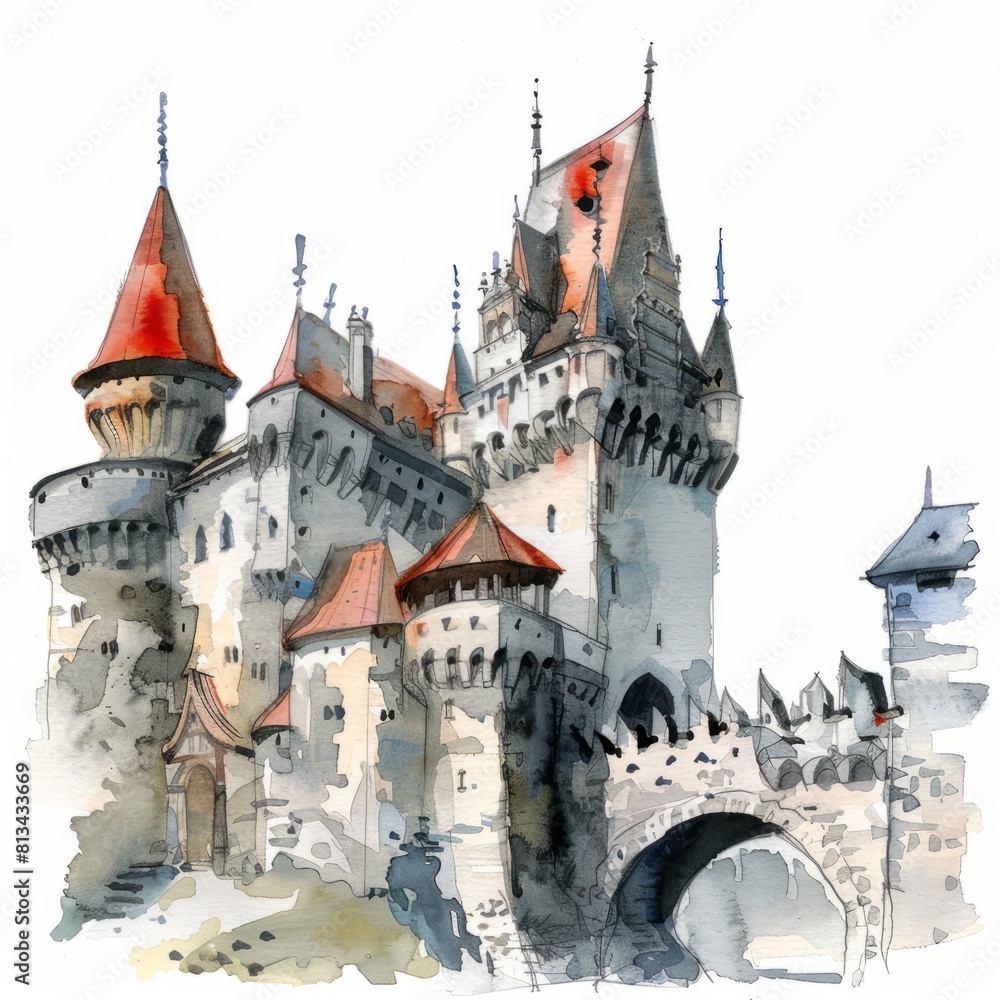 Watercolor painting of a majestic medieval castle with towering turrets and a stone bridge, on isolated white background, Generative AI Watercolor painting of a majestic medieval castle with towering turrets and a stone bridge, on isolated white background, Generative AI