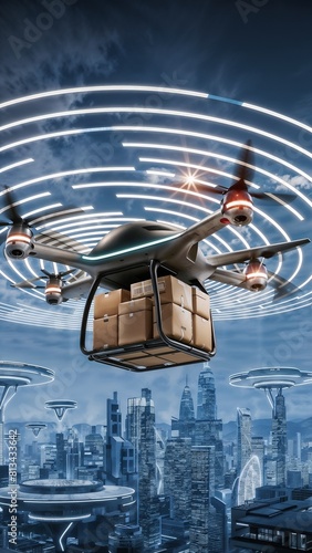 A delivery drone flying over the city to deliver packages