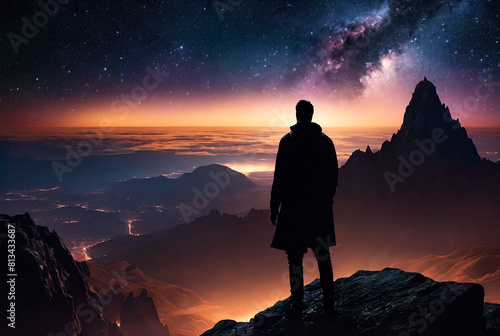 Silhouette of human standing on high rock at night sky with stars rise  nebula background. Perfect picture of night scenery. Fairy tale cosmic concept. Copy ad text space. Generative Ai illustration