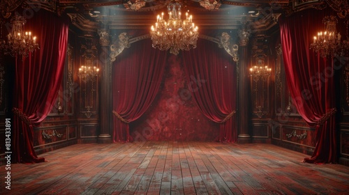 Luxurious Ballroom Stage with Burgundy Curtains and Crystal Chandeliers